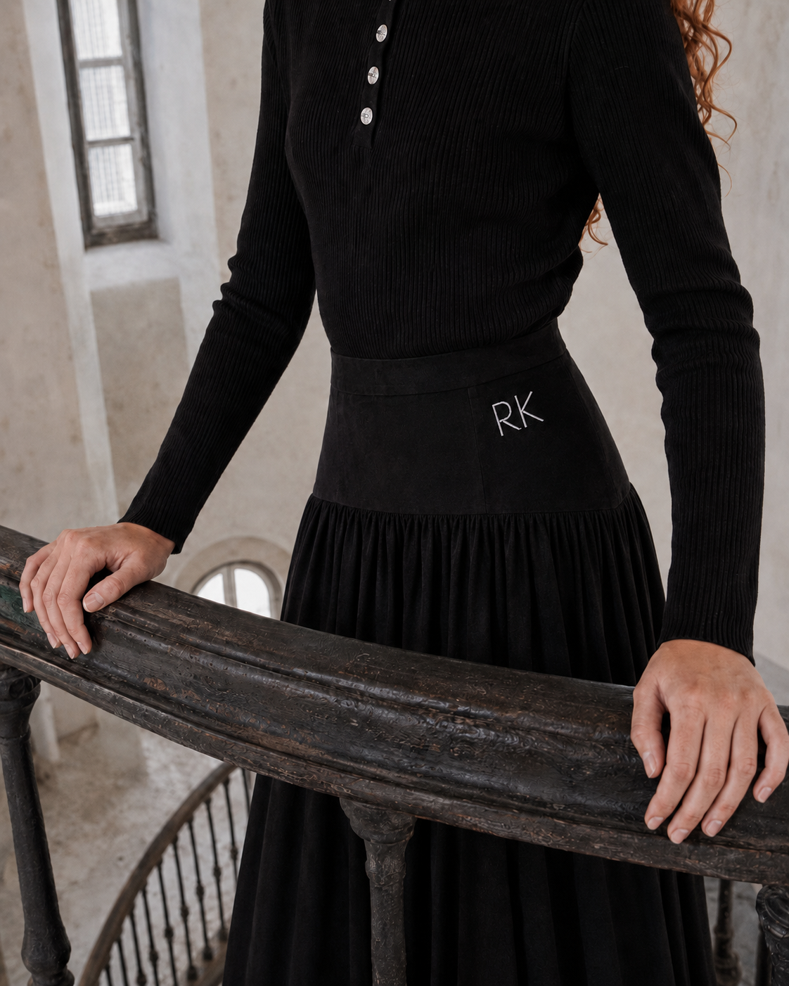 RETRO KID BLACK RHINESTONE BUTTON RUFFLE TRIM KNIT SWEATER
