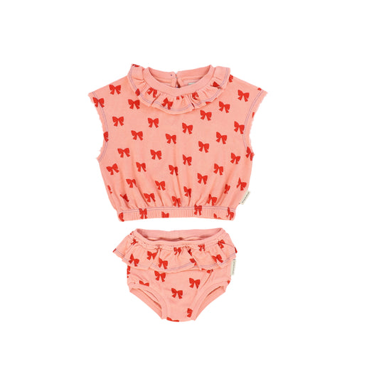 PIUPIUCHICK PINK/RED TERRY BOW PRINT BLOOMER SET