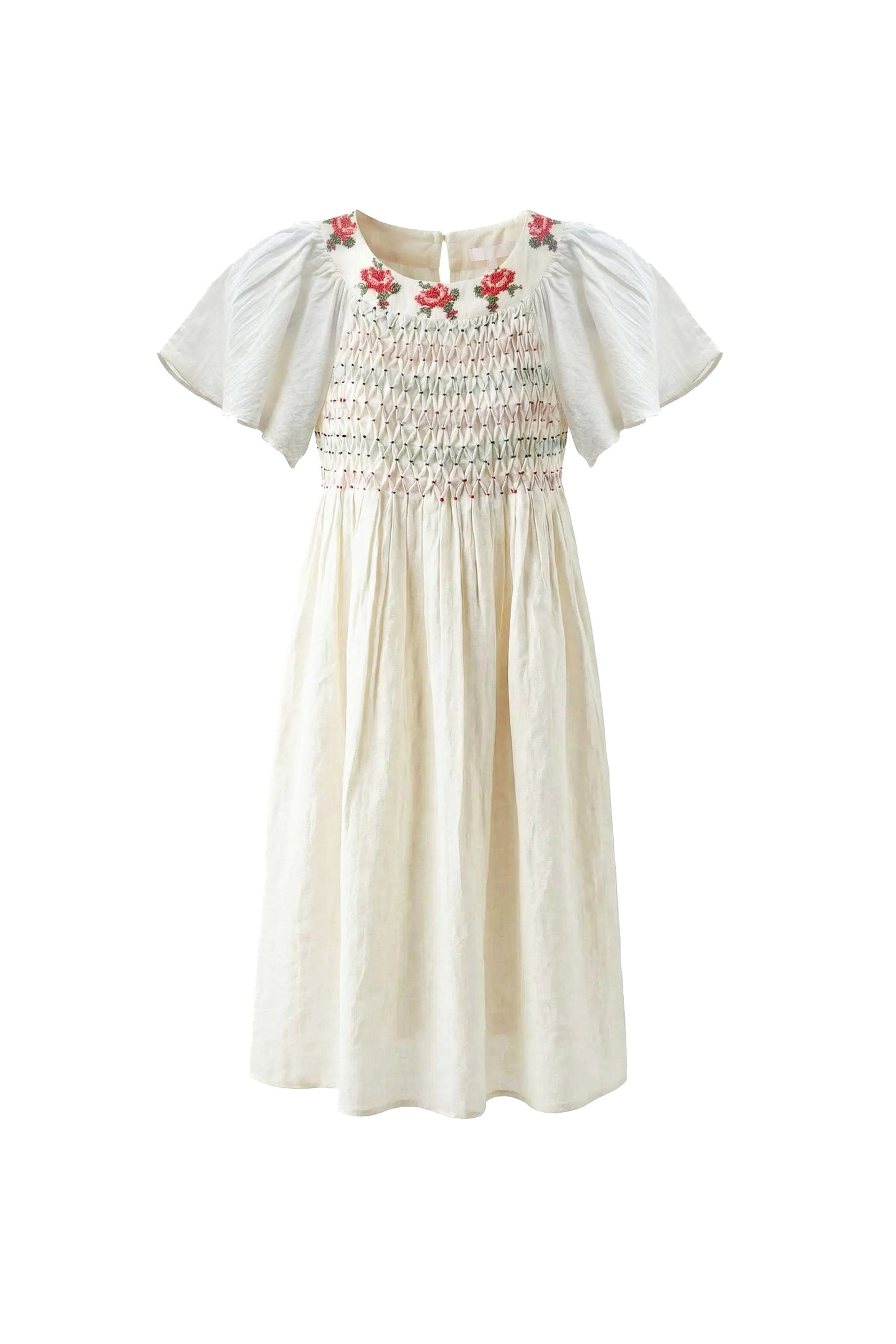 PERNILLE BEIGE/RED SMOCKED FLUTTER SLEEVE DRESS