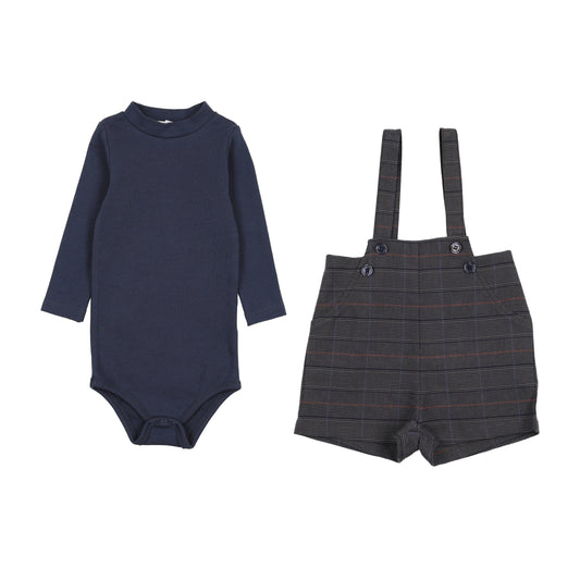 KIN & KIN NAVY PLAID SUSPENDER SHORT SET