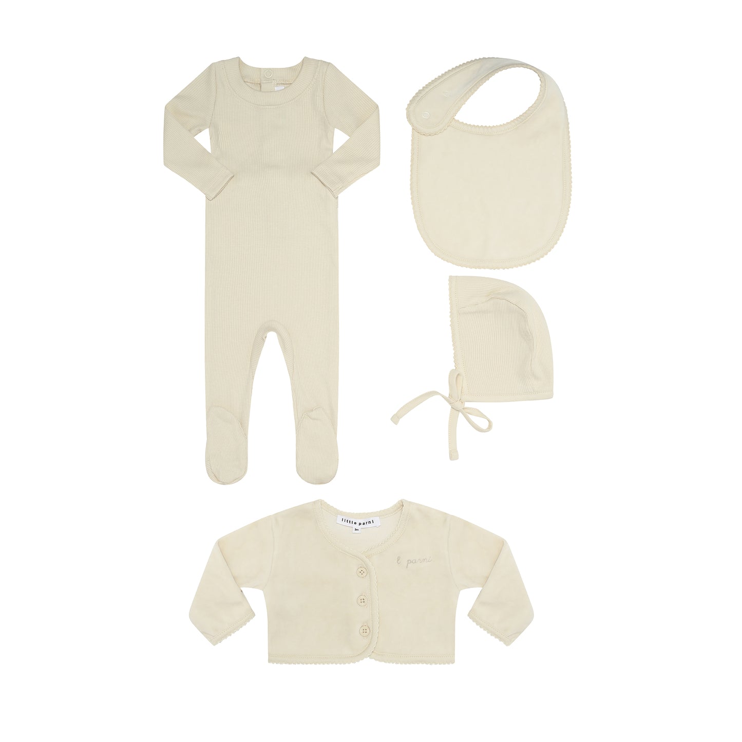 LITTLE PARNI IVORY VELOUR CARDIGAN/FOOTIE SET