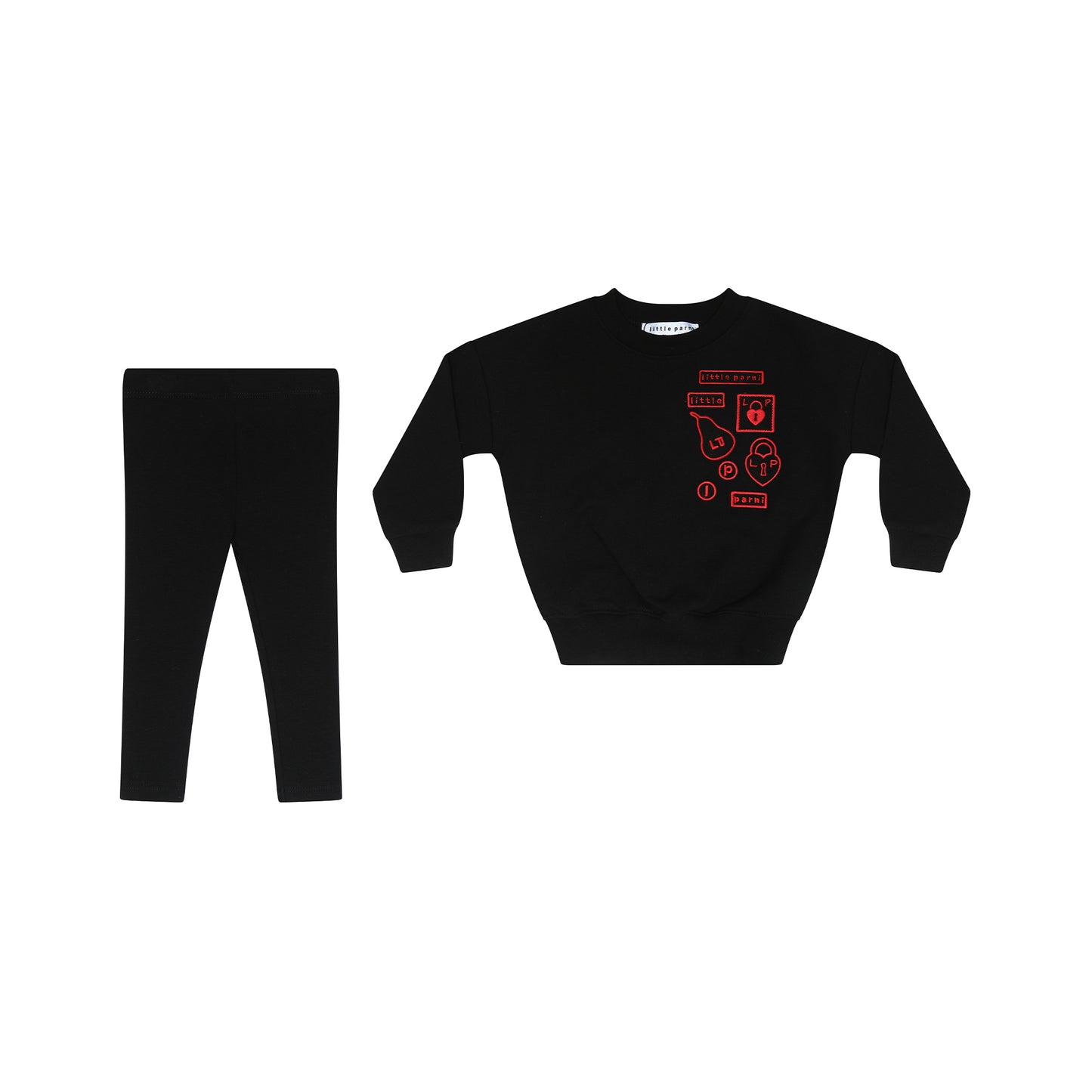 LITTLE PARNI BLACK MULTI PATCH SWEATSHIRT SET