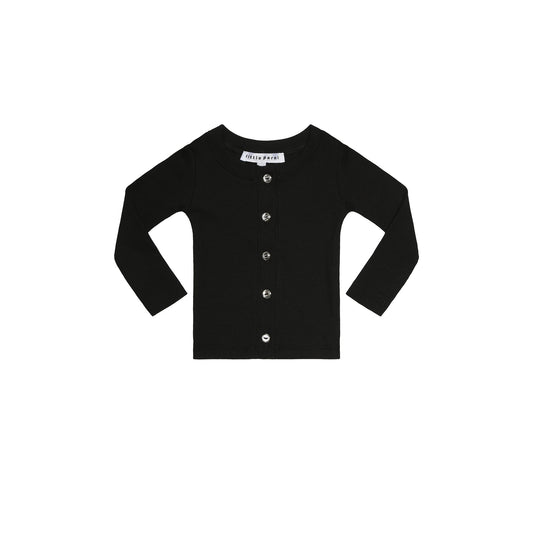 LITTLE PARNI BLACK RIBBED RHINESTONE CARDIGAN