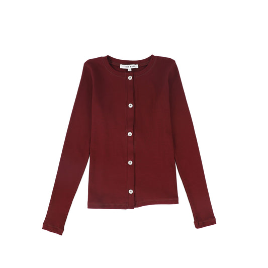 LITTLE PARNI BURGUNDY RHINESTONE TRIM CARDIGAN