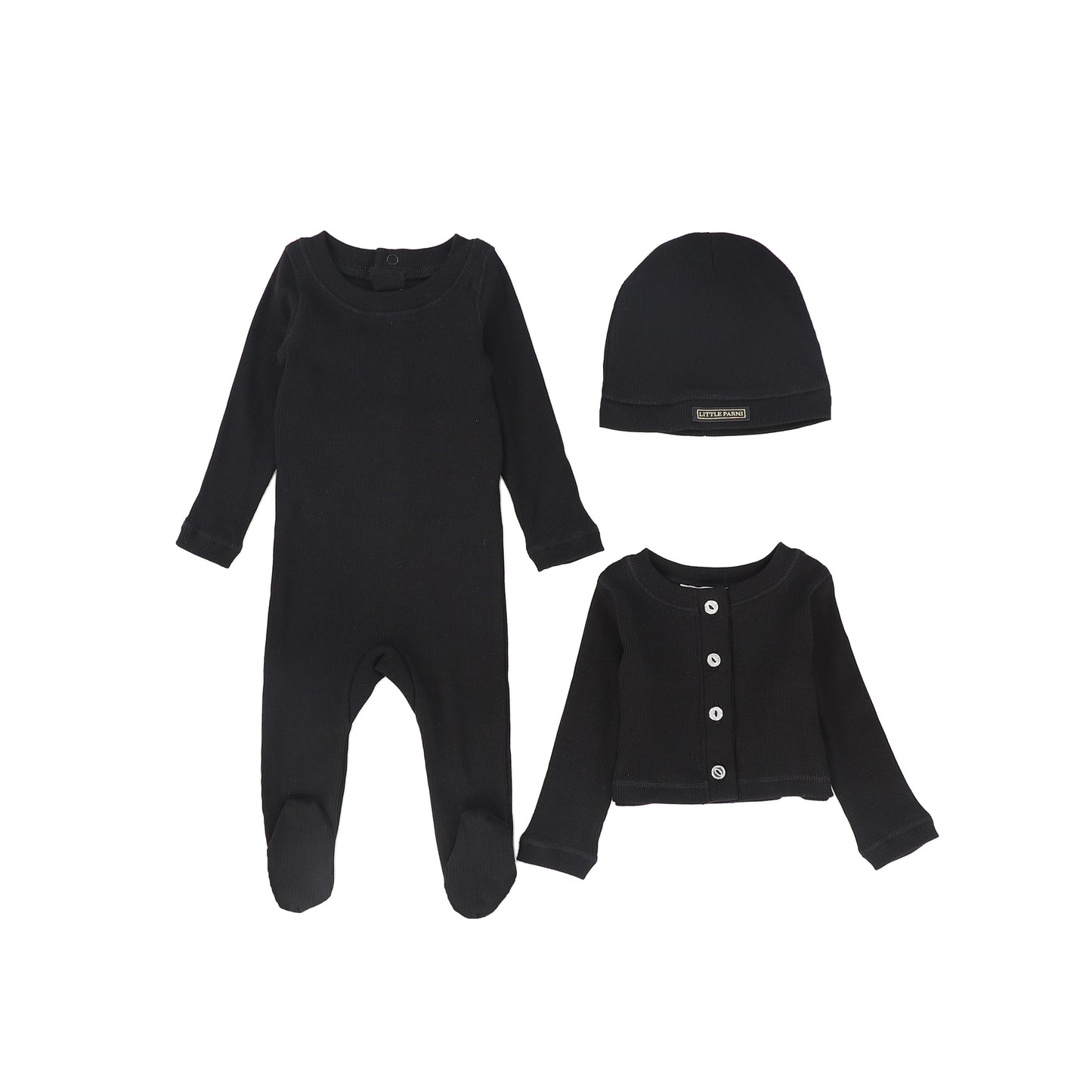 LITTLE PARNI BLACK RHINESTONE TRIM FOOTIE + BONNET
