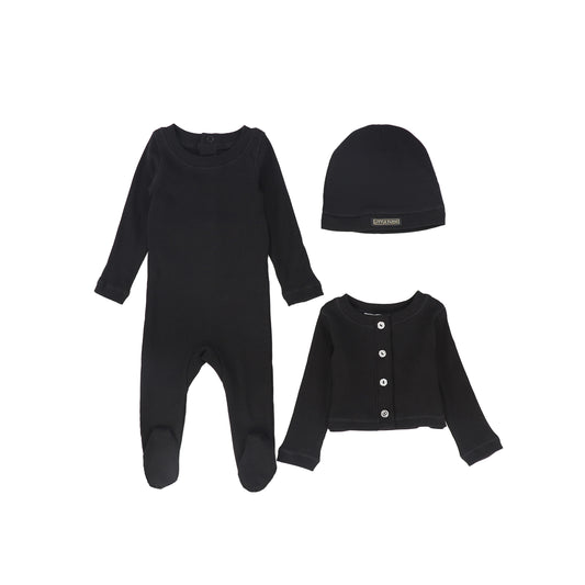 LITTLE PARNI BLACK RHINESTONE TRIM FOOTIE + BONNET