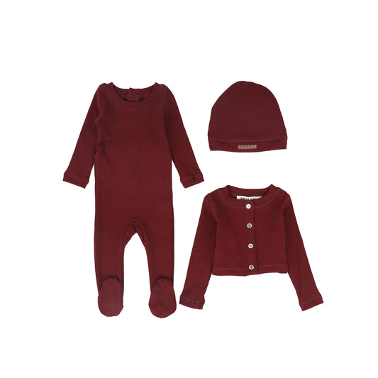 LITTLE PARNI BURGUNDY RHINESTONE TRIM FOOTIE + BONNET