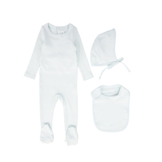 LITTLE PARNI BLUE RIBBED FOOTIE + BIB SET