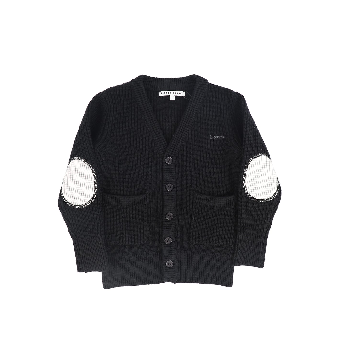 LITTLE PARNI BLACK ELBOW PATCH CARDIGAN
