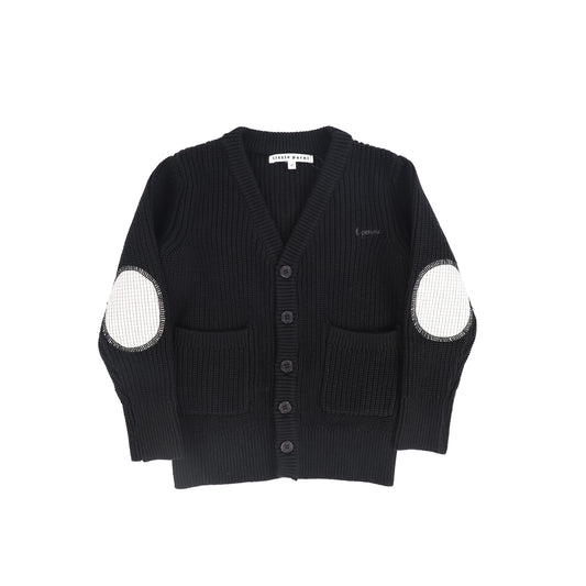 LITTLE PARNI BLACK ELBOW PATCH CARDIGAN