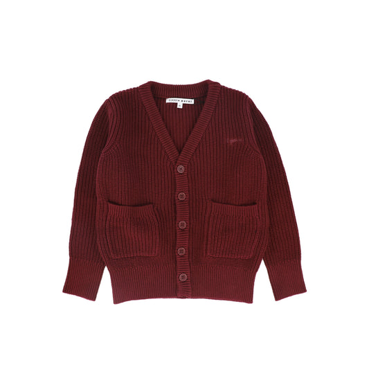 LITTLE PARNI BURGUNDY BUTTON CARDIGAN