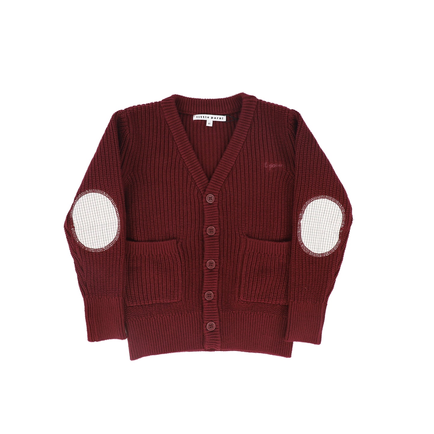 LITTLE PARNI BURGUNDY ELBOW PATCH CARDIGAN