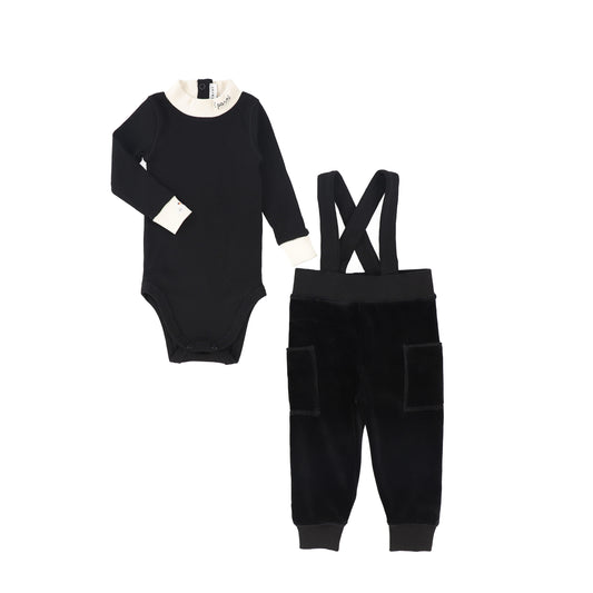 LITTLE PARNI BLACK VELOUR OVERALL SET