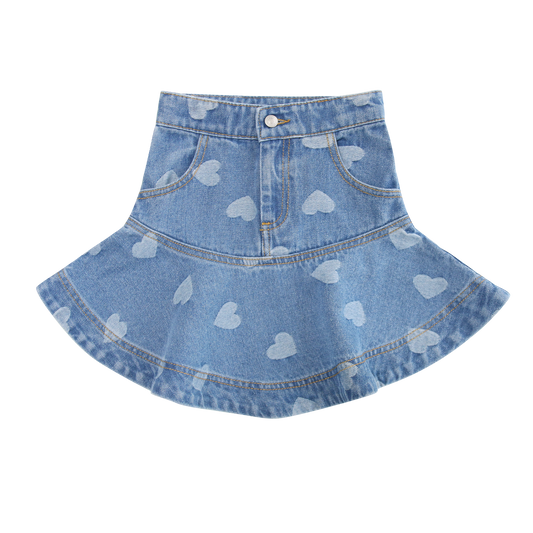 LITTLE PARNI DENIM HEART PRINT DROP WAIST SKIRT
