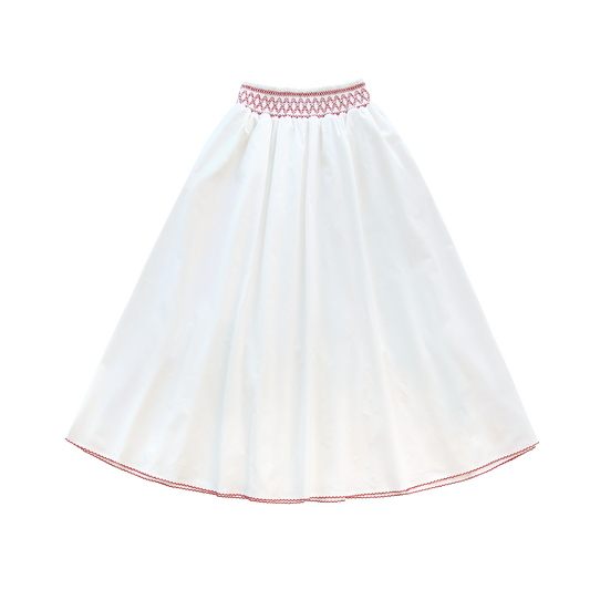 LITTLE PARNI WHITE SMOCKED WAIST MIDI SKIRT