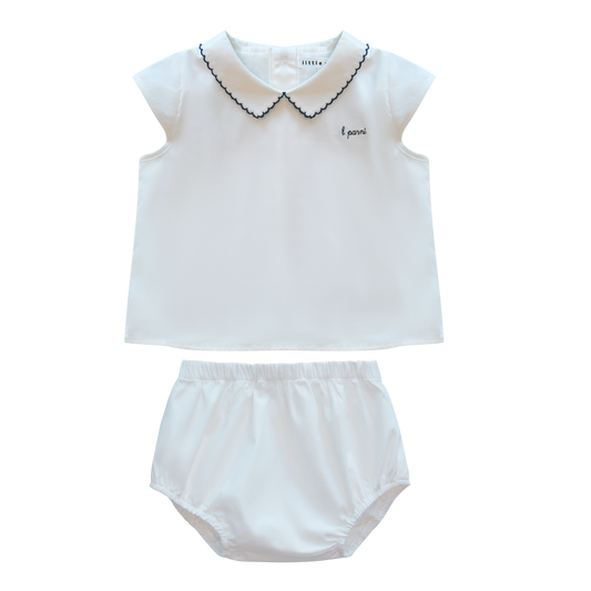 LITTLE PARNI WHITE/NAVY SCALLOP STITCH BLOOMER SET