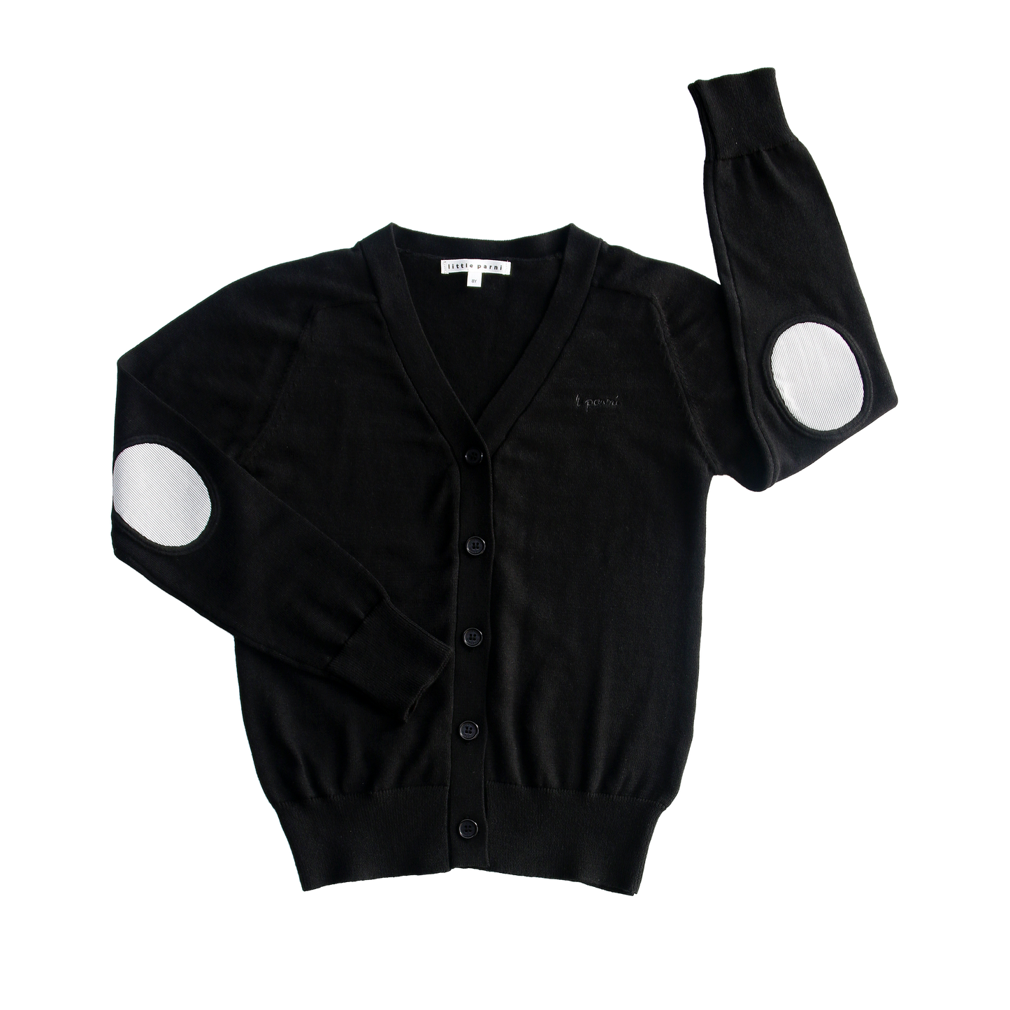 LITTLE PARNI BLACK ELBOW PATCH CARDIGAN