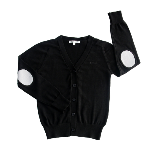 LITTLE PARNI BLACK ELBOW PATCH CARDIGAN