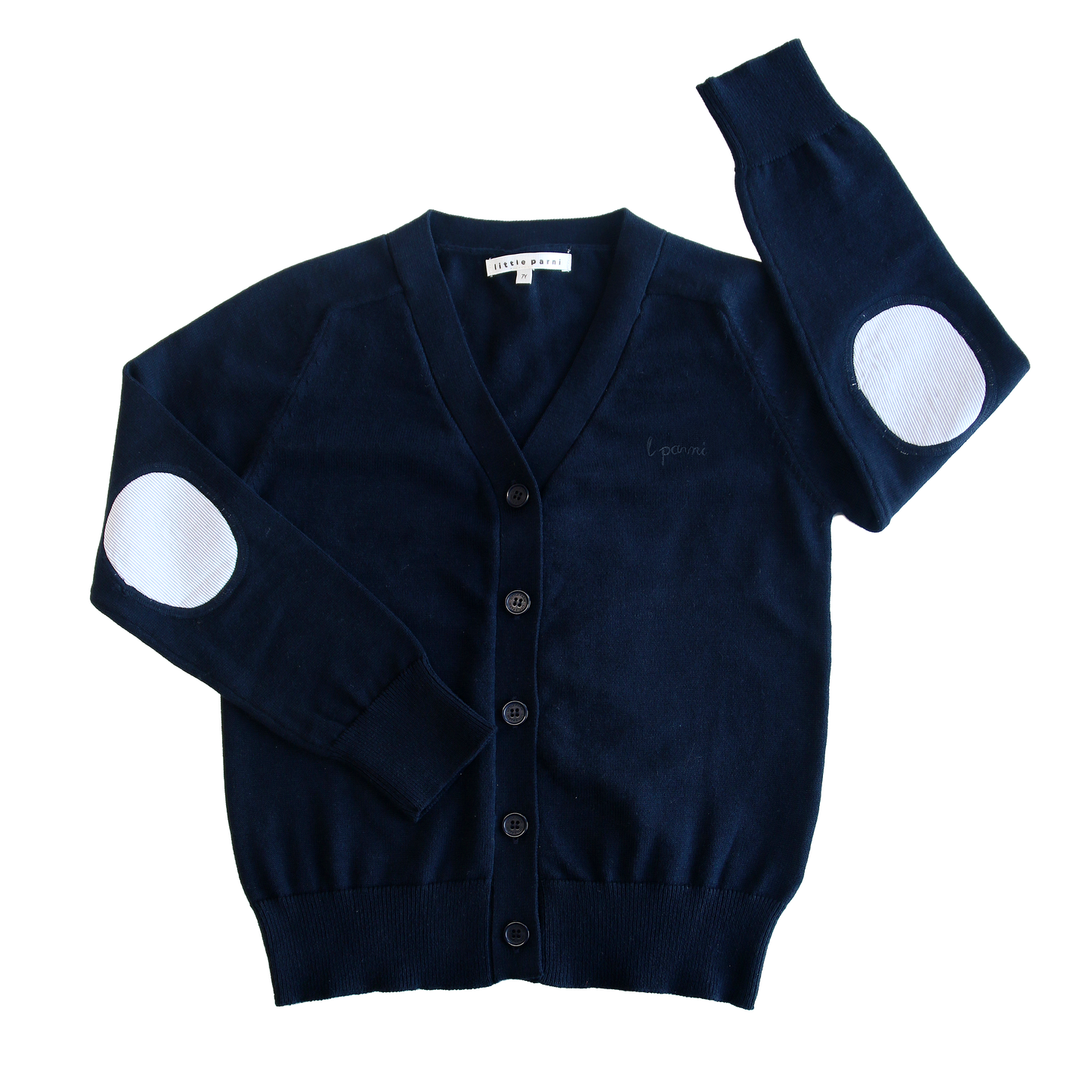 LITTLE PARNI NAVY ELBOW PATCH CARDIGAN