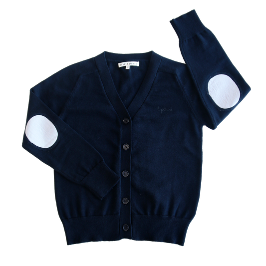 LITTLE PARNI NAVY ELBOW PATCH CARDIGAN