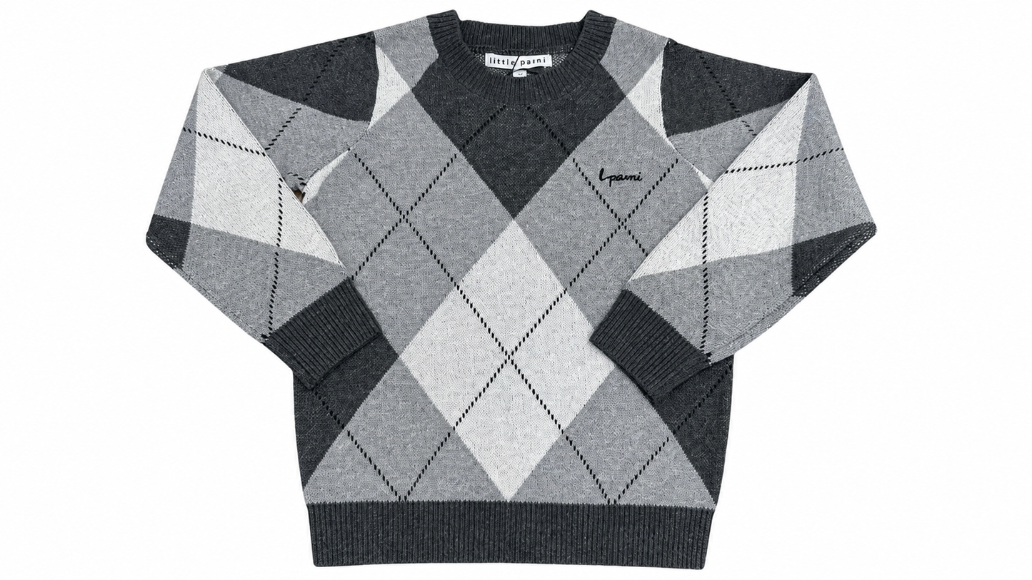 LITTLE PARNI GREY ARGYLE SWEATER