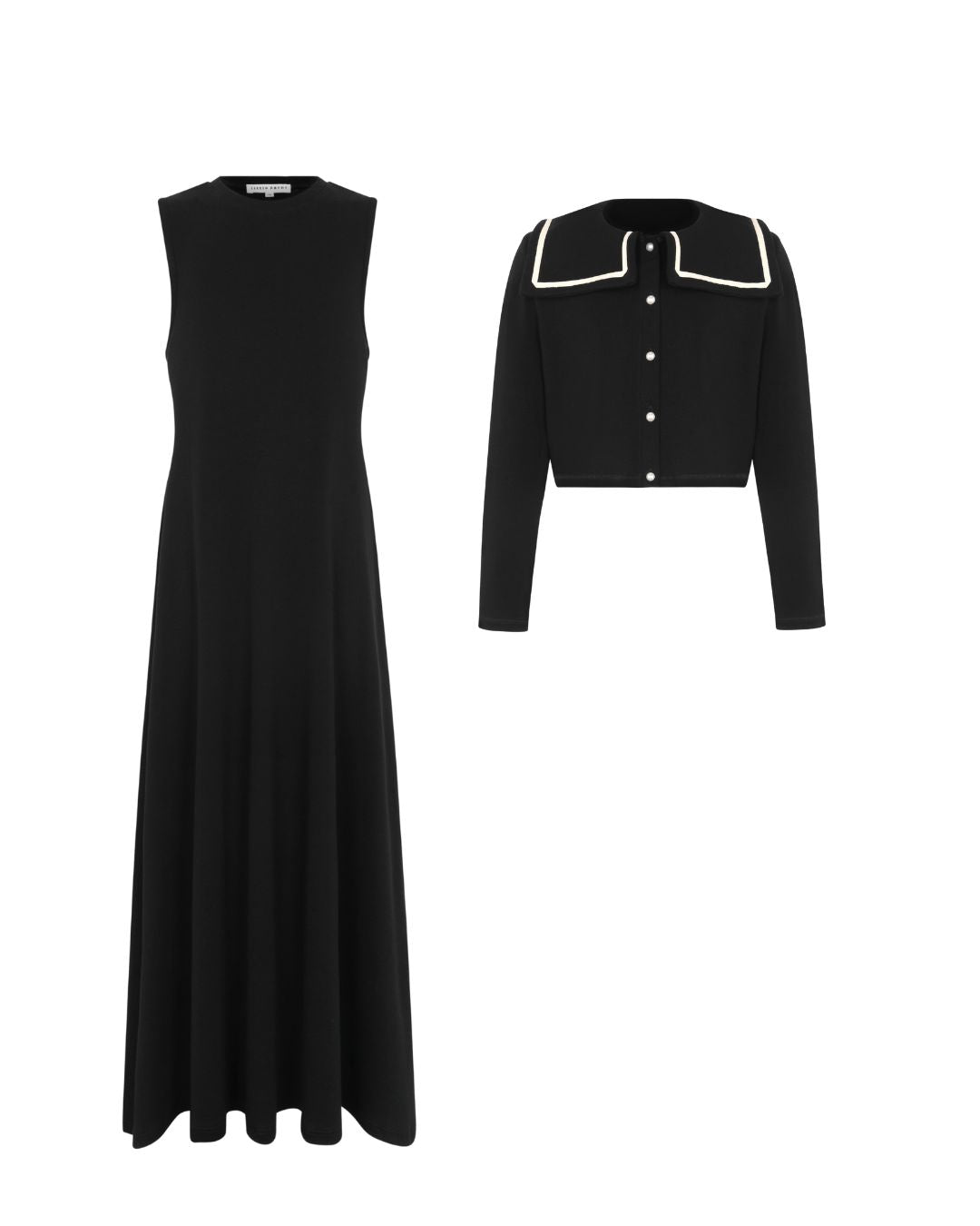 LITTLE PARNI BLACK BIB COLLARED BUTTON MAXI DRESS + CARDIGAN