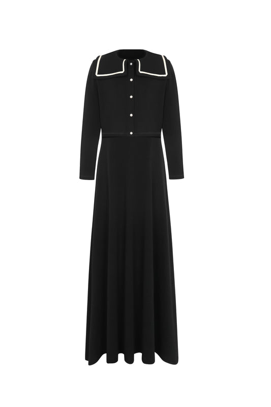 LITTLE PARNI BLACK BIB COLLARED BUTTON MAXI DRESS + CARDIGAN