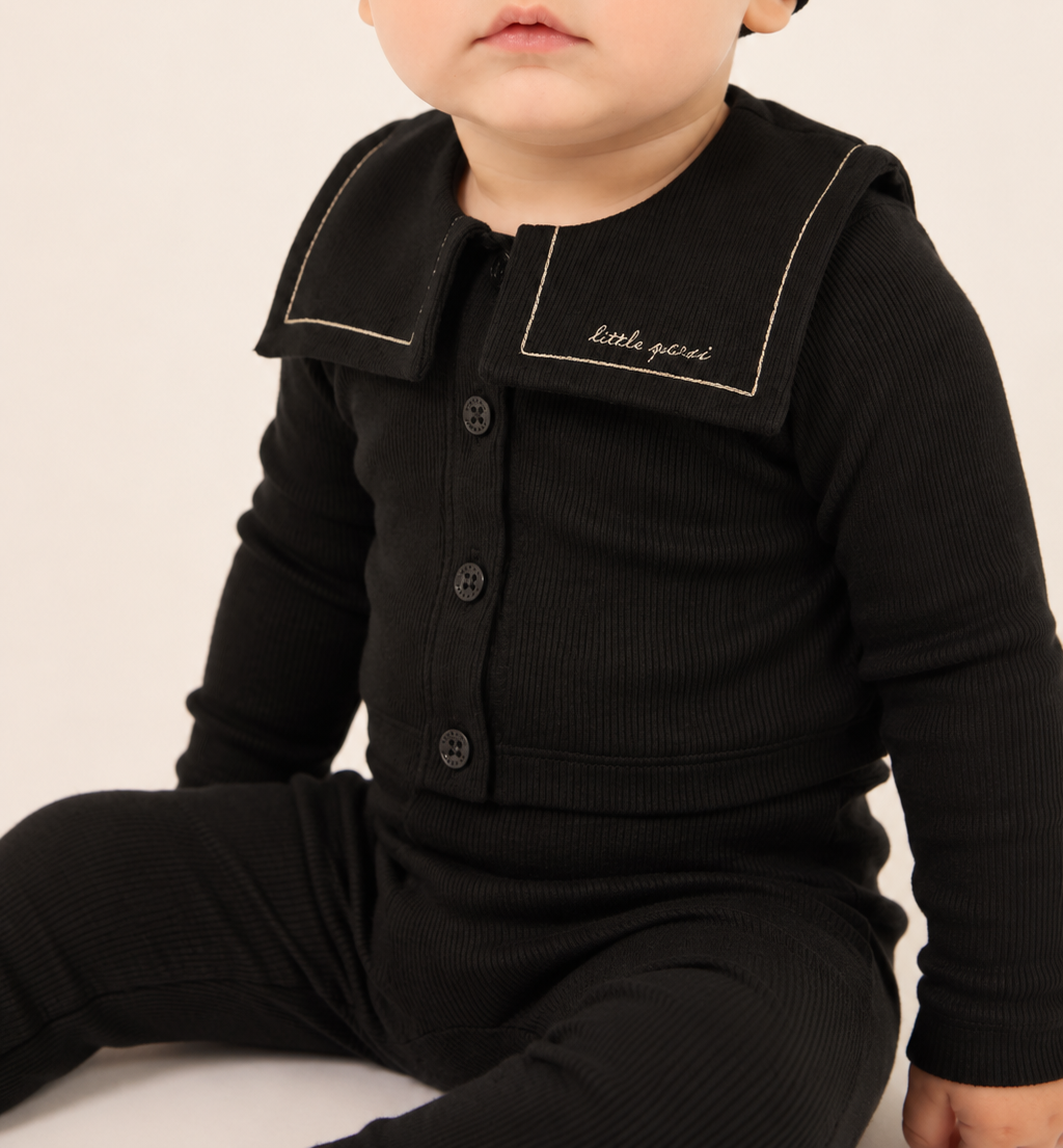 LITTLE PARNI BLACK BIB COLLARED BUTTON CARDIGAN SET