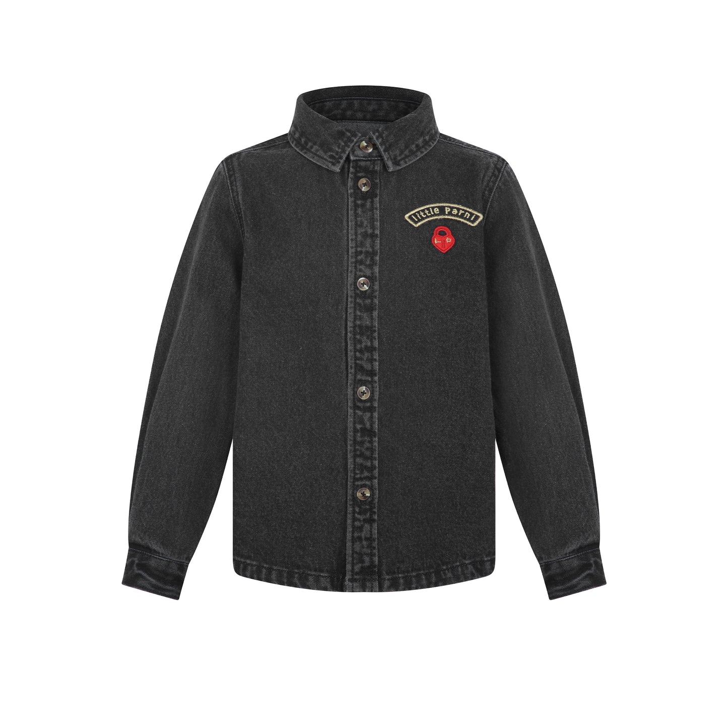 LITTLE PARNI BLACK DENIM EMBLEM COLLAR SHIRT