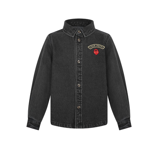 LITTLE PARNI BLACK DENIM EMBLEM COLLAR SHIRT