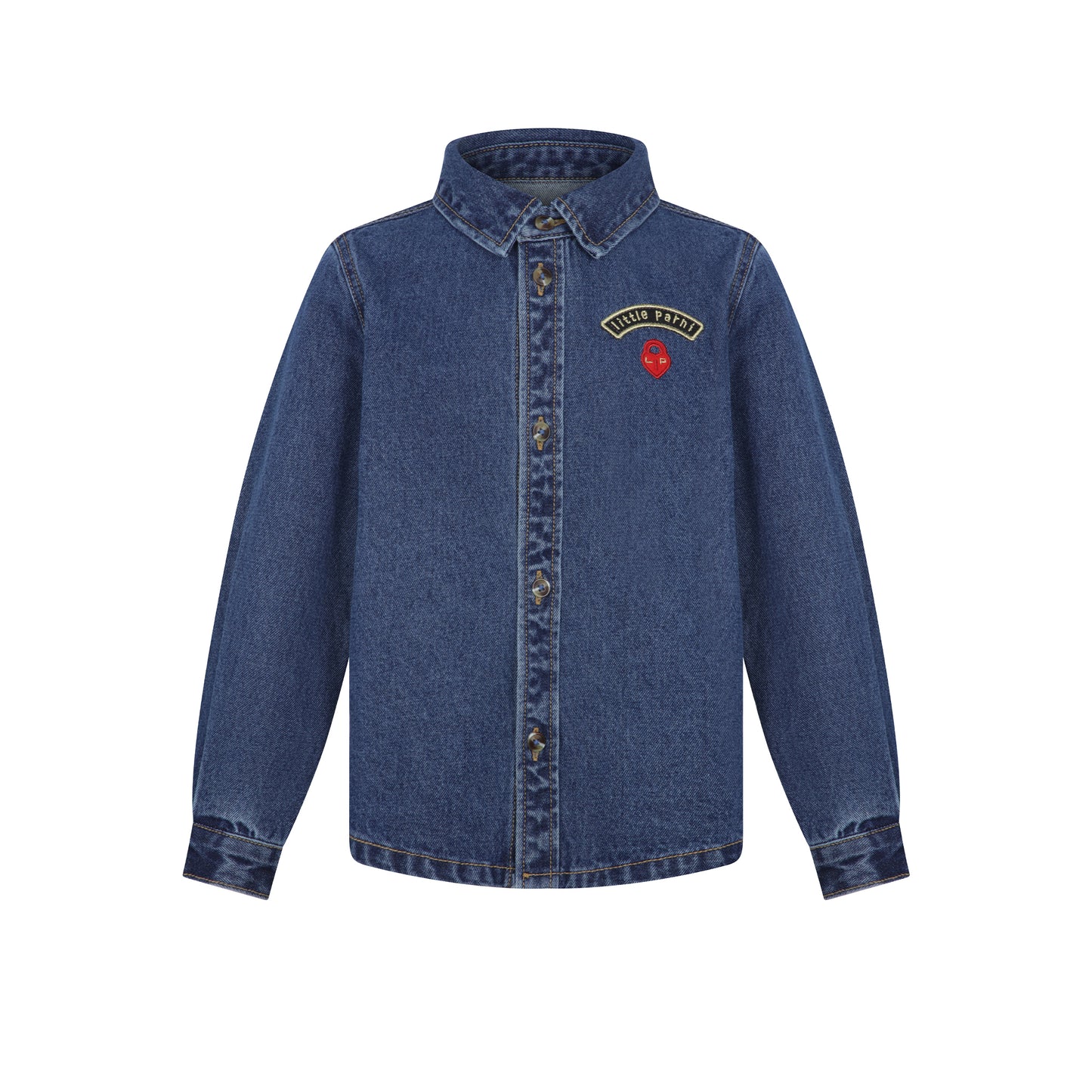 LITTLE PARNI BLUE DENIM EMBLEM COLLAR SHIRT