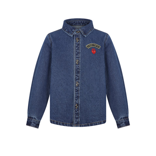 LITTLE PARNI BLUE DENIM EMBLEM COLLAR SHIRT