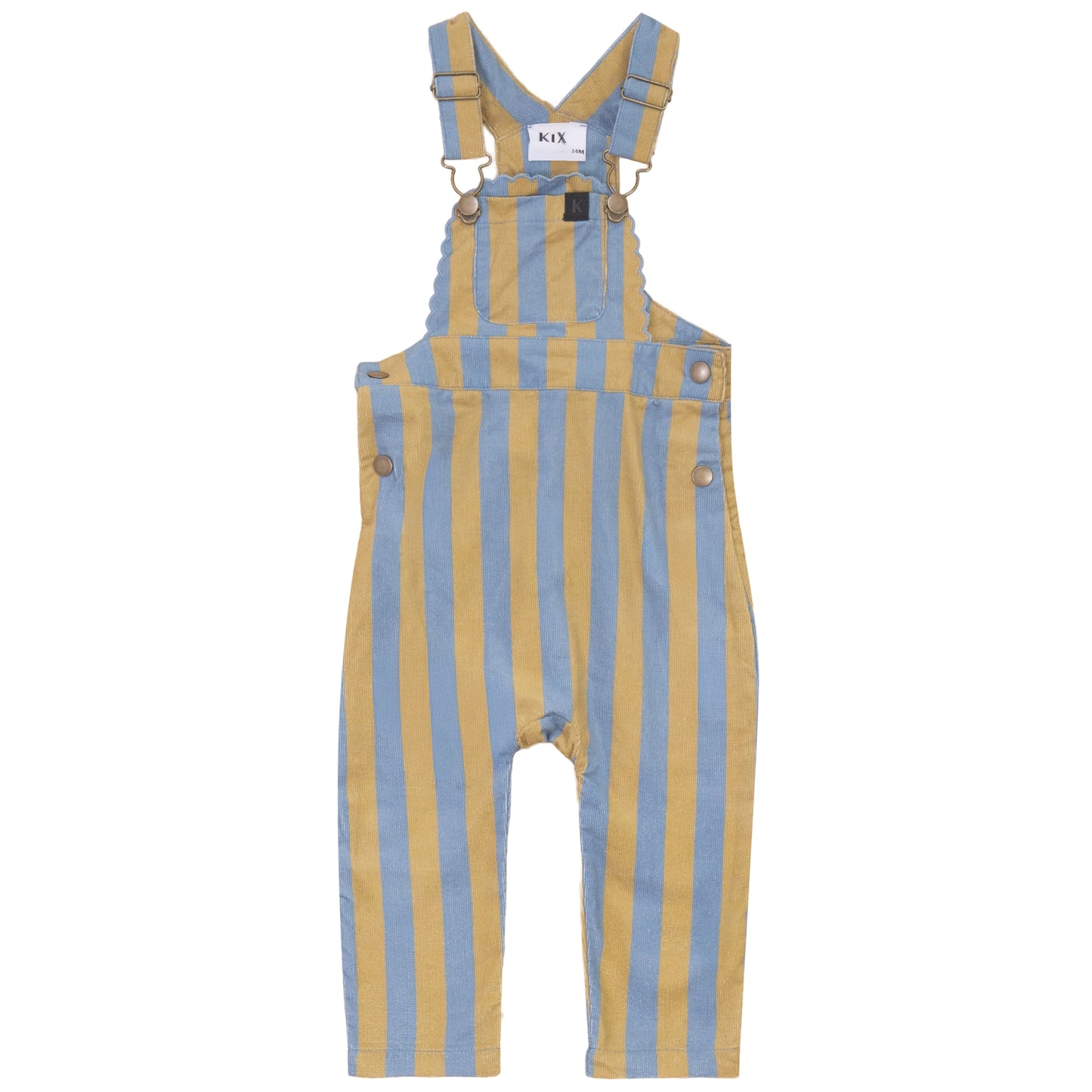 KIX BLUE/YELLOW STRIPED SCALLOP TRIM CORDUROY OVERALLS