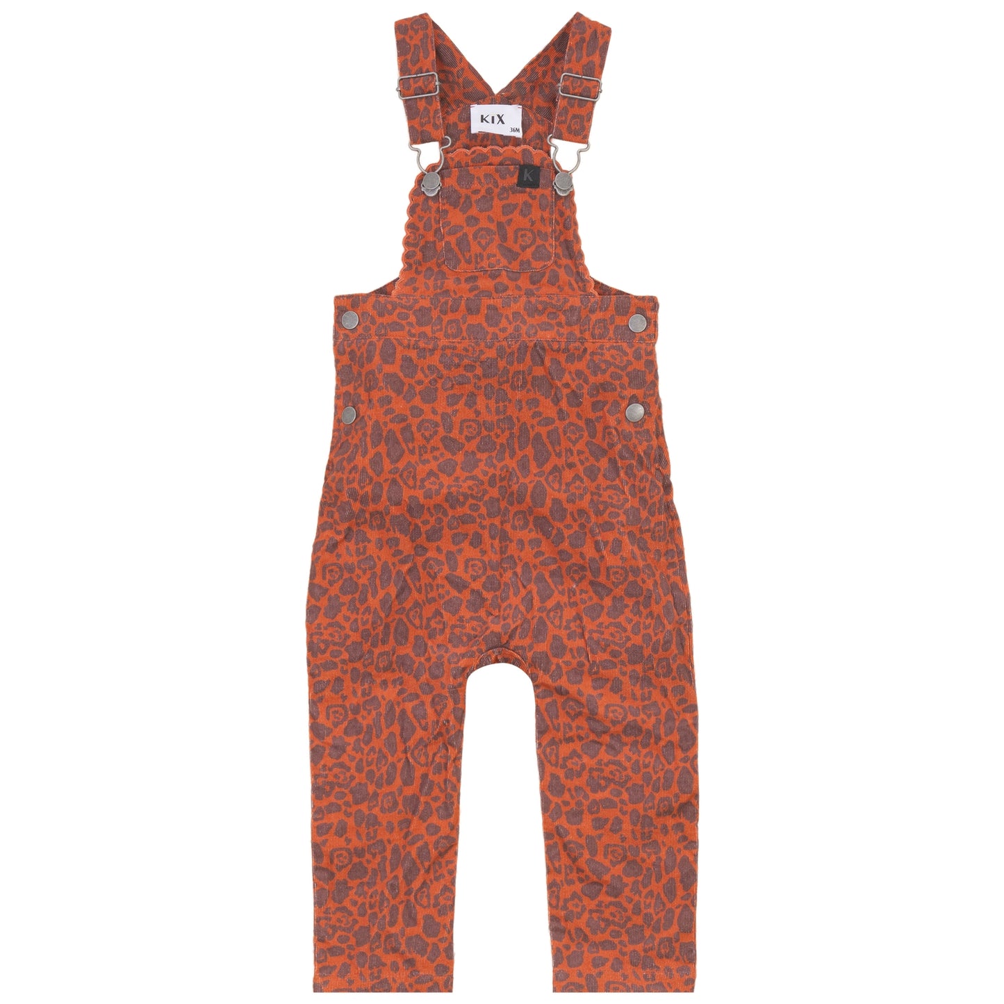 KIX RUBY ANIMAL PRINT SCALLOP TRIM CORDUROY OVERALLS