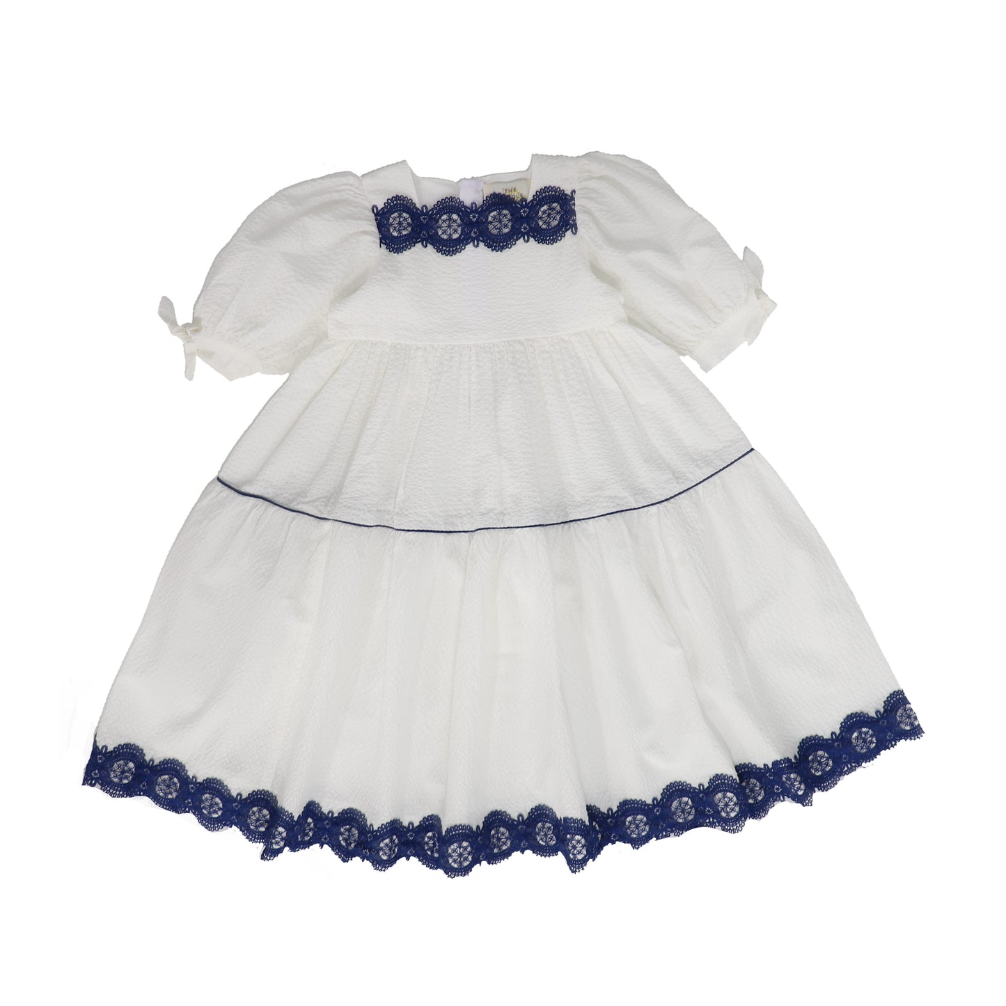 THE MIDDLE DAUGHTER WHITE/NAVY LACE TRIM PUFF SLEEVE DRESS [FINAL SALE]