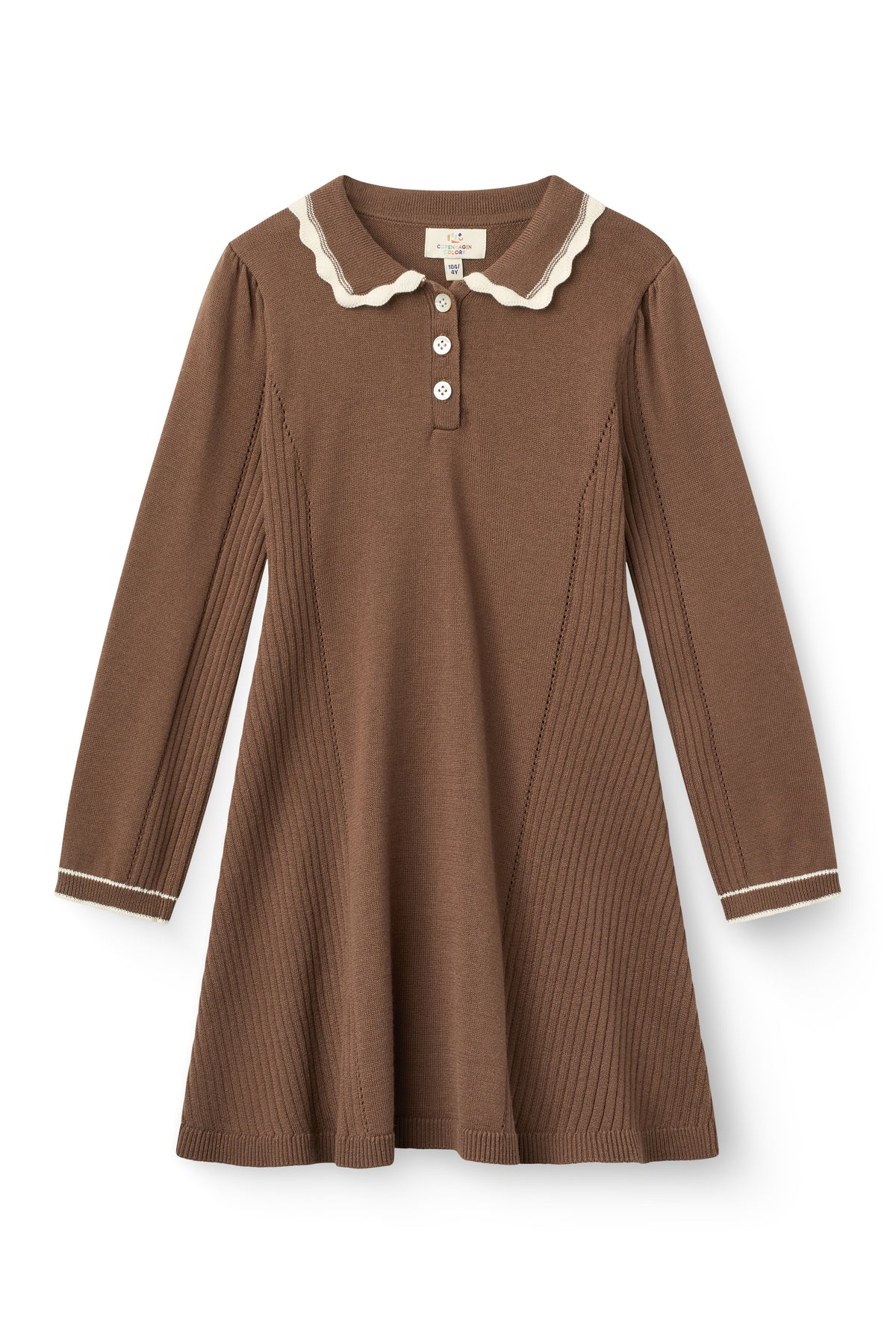COPENHAGEN COLOR WALNUT/CREAM SCALLOP TRIM COLLAR KNIT DRESS