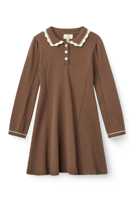 COPENHAGEN COLOR WALNUT/CREAM SCALLOP TRIM COLLAR KNIT DRESS