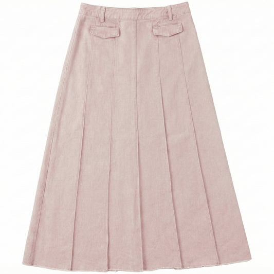 KIX LIGHT PINK DENIM FRINGE HEM PLEAT SKIRT