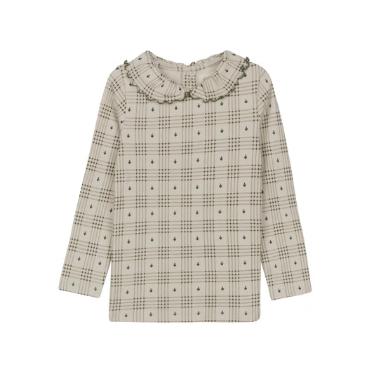 ELY'S & CO TAN FLORAL PLAID RUFFLE TRIM T-SHIRT