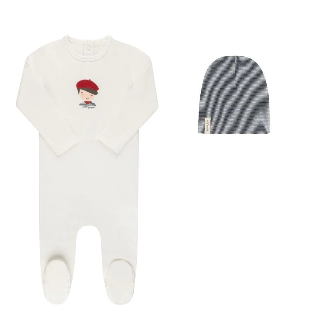 ELY'S & CO IVORY/BLUE FRENCH BOY FOOTIE + BEANIE