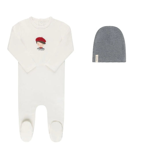 ELY'S & CO IVORY/BLUE FRENCH BOY FOOTIE + BEANIE