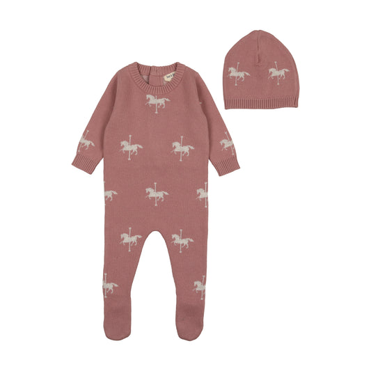 BEE & DEE DUSTY PINK CAROUSEL KNIT FOOTIE + BEANIE