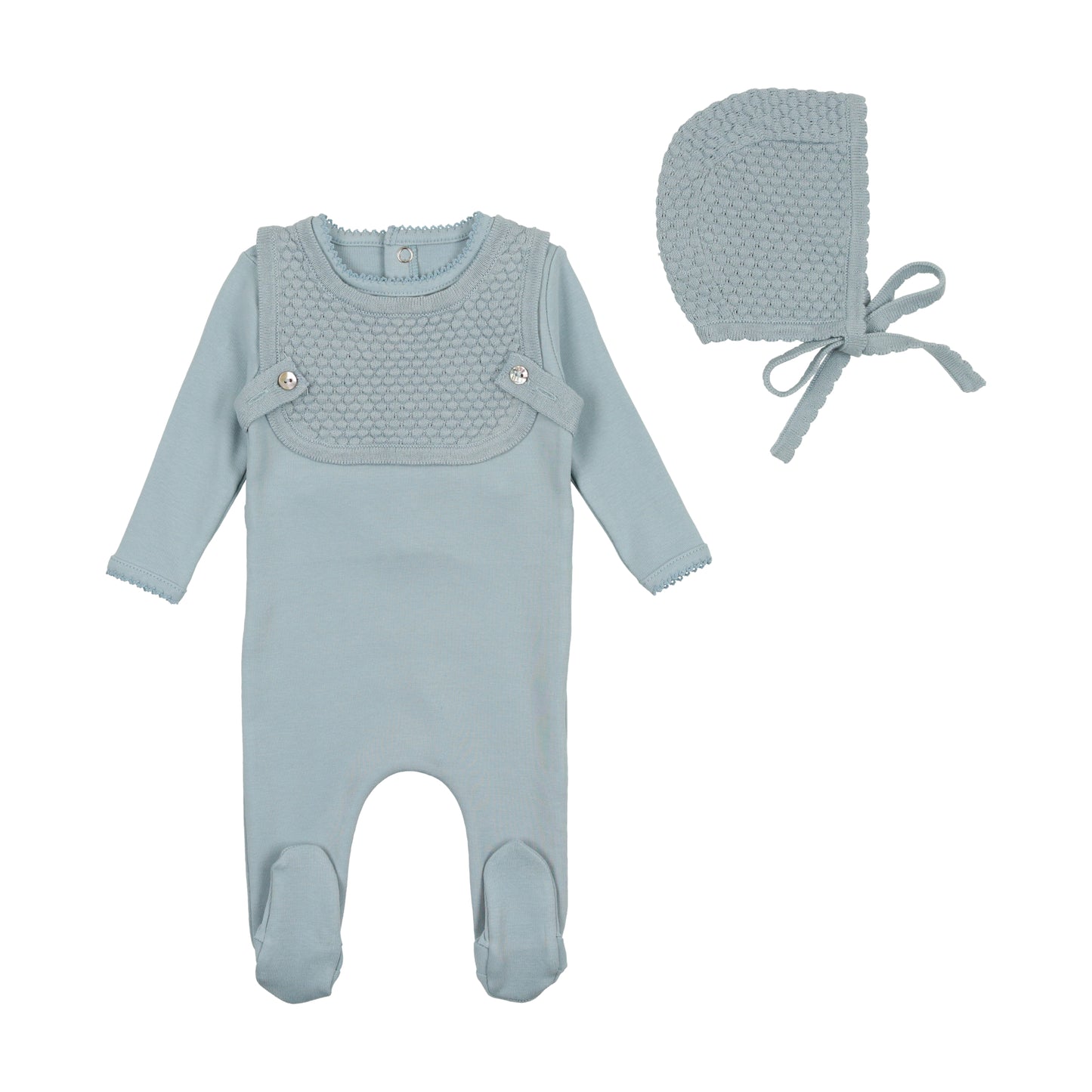 BEE & DEE BLUE FOG KNIT OVERLAY COTTON FOOTIE WITH BONNET