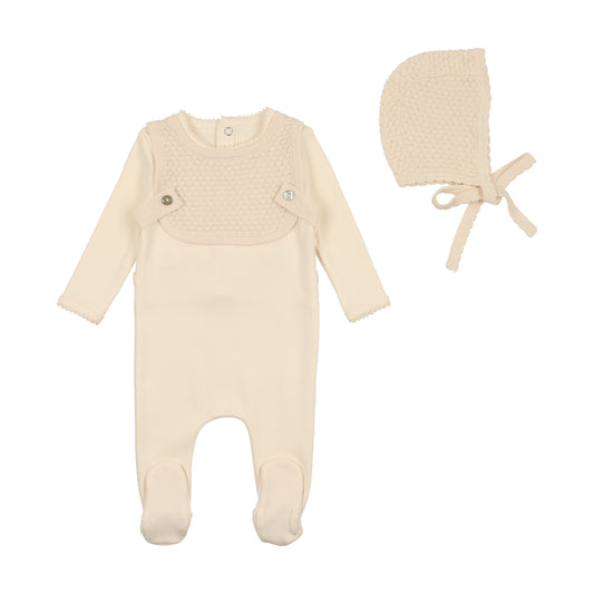 BEE & DEE WHITE KNIT OVERLAY COTTON FOOTIE WITH BONNET