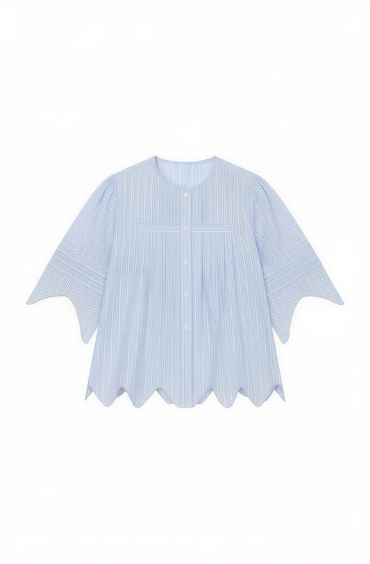 SOIR LIGHT BLUE STRIPE SCALLOP TRIM BLOUSE