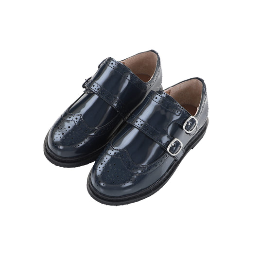 CAMILLE KIDS NAVY LEATHER WINGTIP DOUBLE BUCKLE SHOE