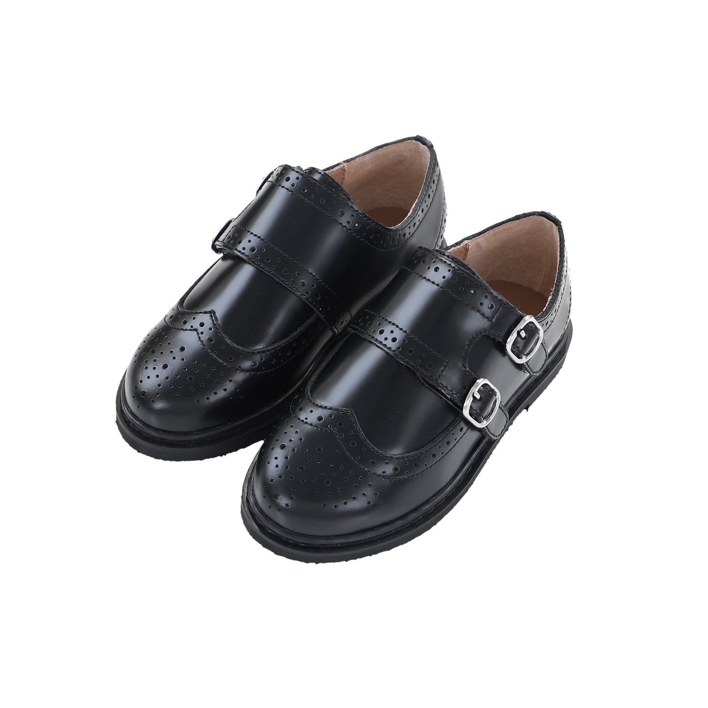 CAMILLE KIDS BLACK LEATHER WINGTIP DOUBLE BUCKLE SHOE