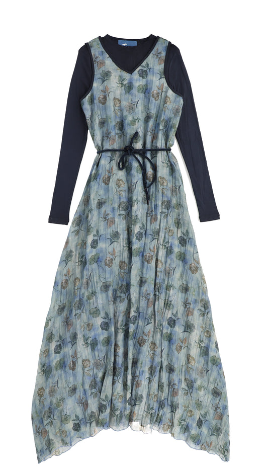 TEA BLUE VELVET PIPED CRINKLE DRESS SET