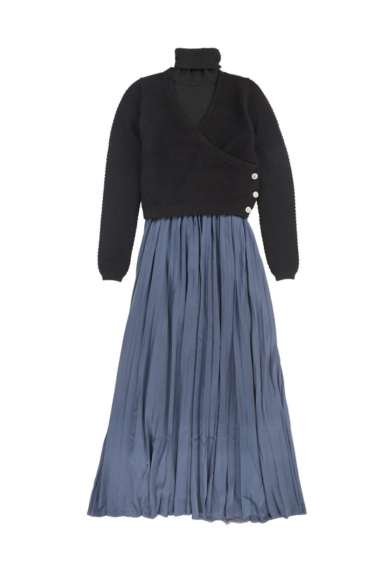 TEA BLACK/BLUE SATIN PLEAT WRAP CARDIGAN DRESS SET