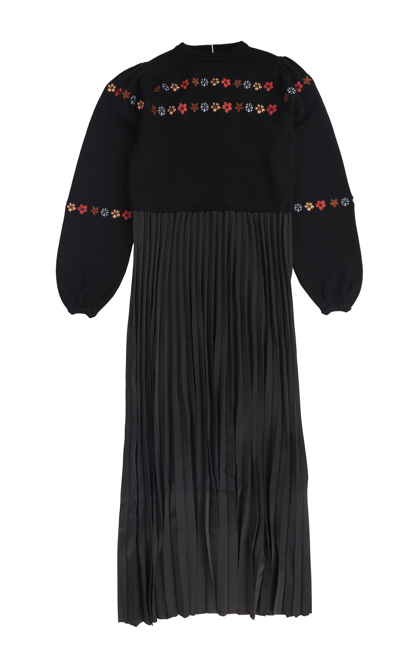 TEA BLACK EMBROIDERED FLORAL PLEAT DRESS
